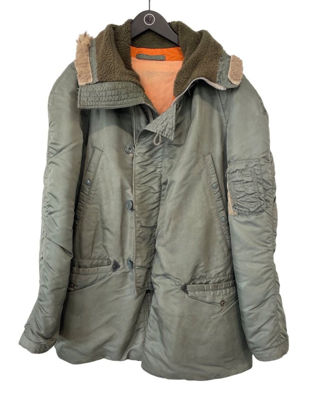 Vintage Alpha N-3B Army Flight Hooded Parka Jacket Button Faux Fur Military